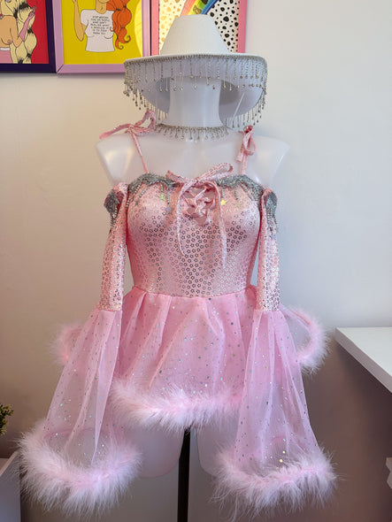 Pink Rhinestone cowgirl mesh bodysuit